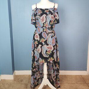 As U Wish black cold-shoulder high-low dress paisley Print Sz L Boho-Chic